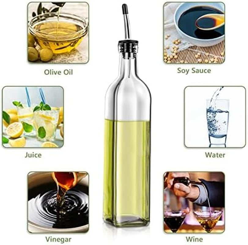 Olive Oil Dispenser Bottle, 2 Pcs Glass Olive Oil Dispenser and Vinegar Dispenser Set with 2 Stainless Steel Pourers, 4 Labels,1 Brush and 1 Funnel Oil Bottles for Kitchen (500Ml)