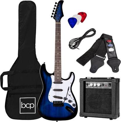 39In Full Size Beginner Electric Guitar Starter Kit W/Case, Strap, 10W Amp, Strings, Pick, Tremolo Bar - Jet Black