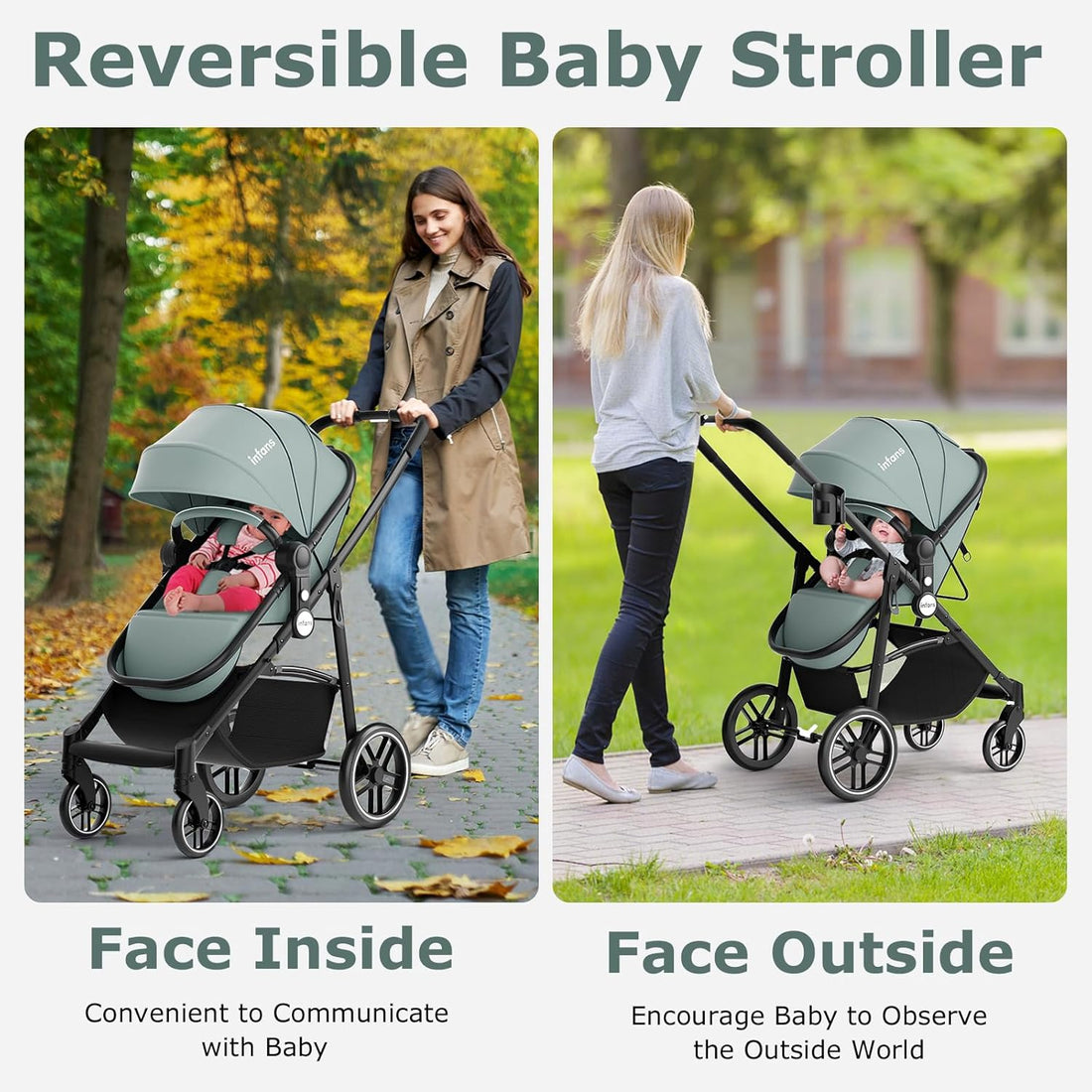 2 in 1 Baby Stroller, High Landscape Infant Stroller &amp; Reversible Bassinet Pram, Foldable Pushchair with Adjustable Canopy, Cup Holder, Storage Basket, Suspension Wheels (Green)