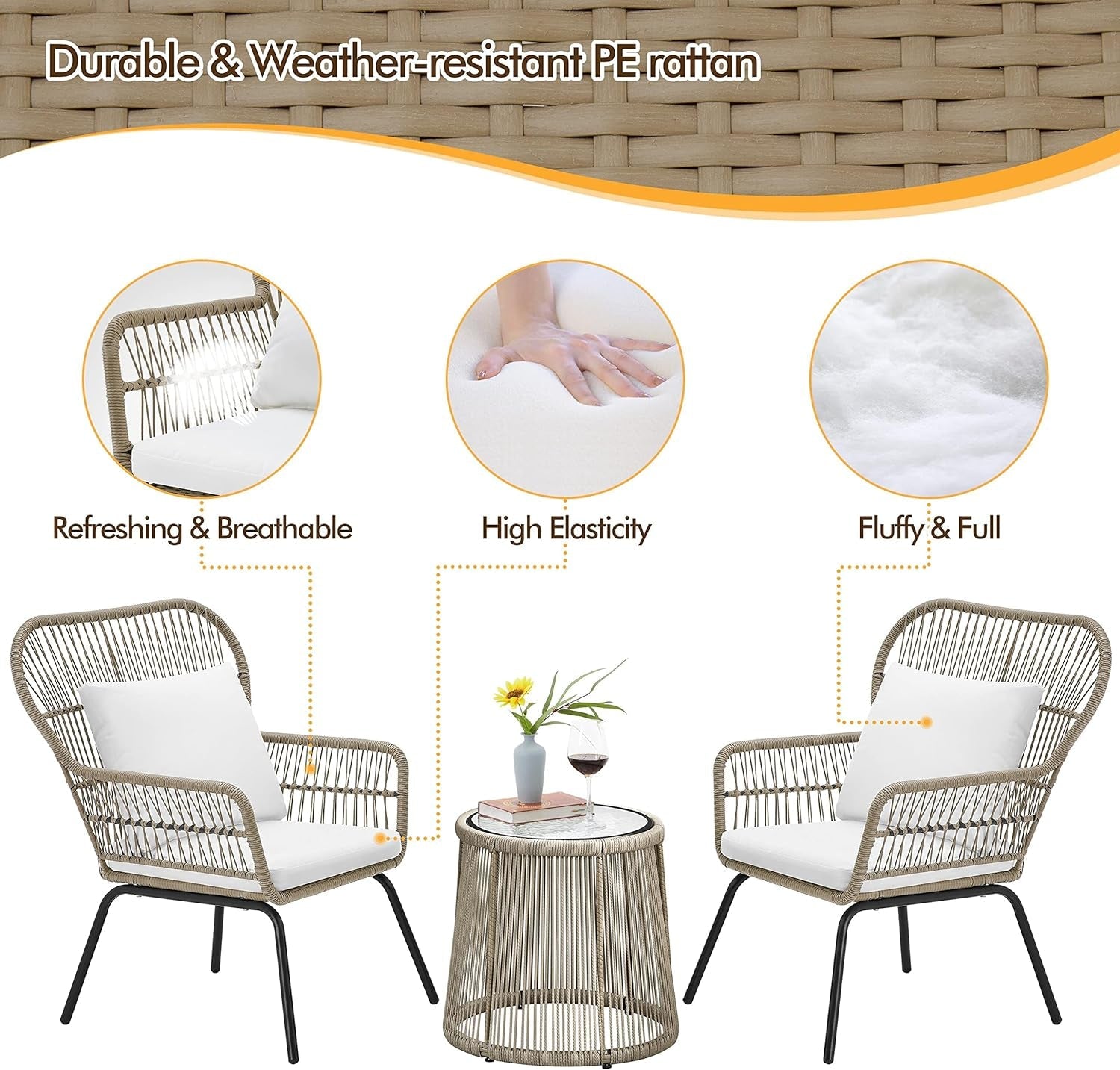 3-Piece Patio Bistro Conversation Set, Outdoor All-Weather Wicker Furniture Set for Garden Yard Porch, 2Pcs Wide Chairs and Glass Top Side Table W/Cushions, Tan