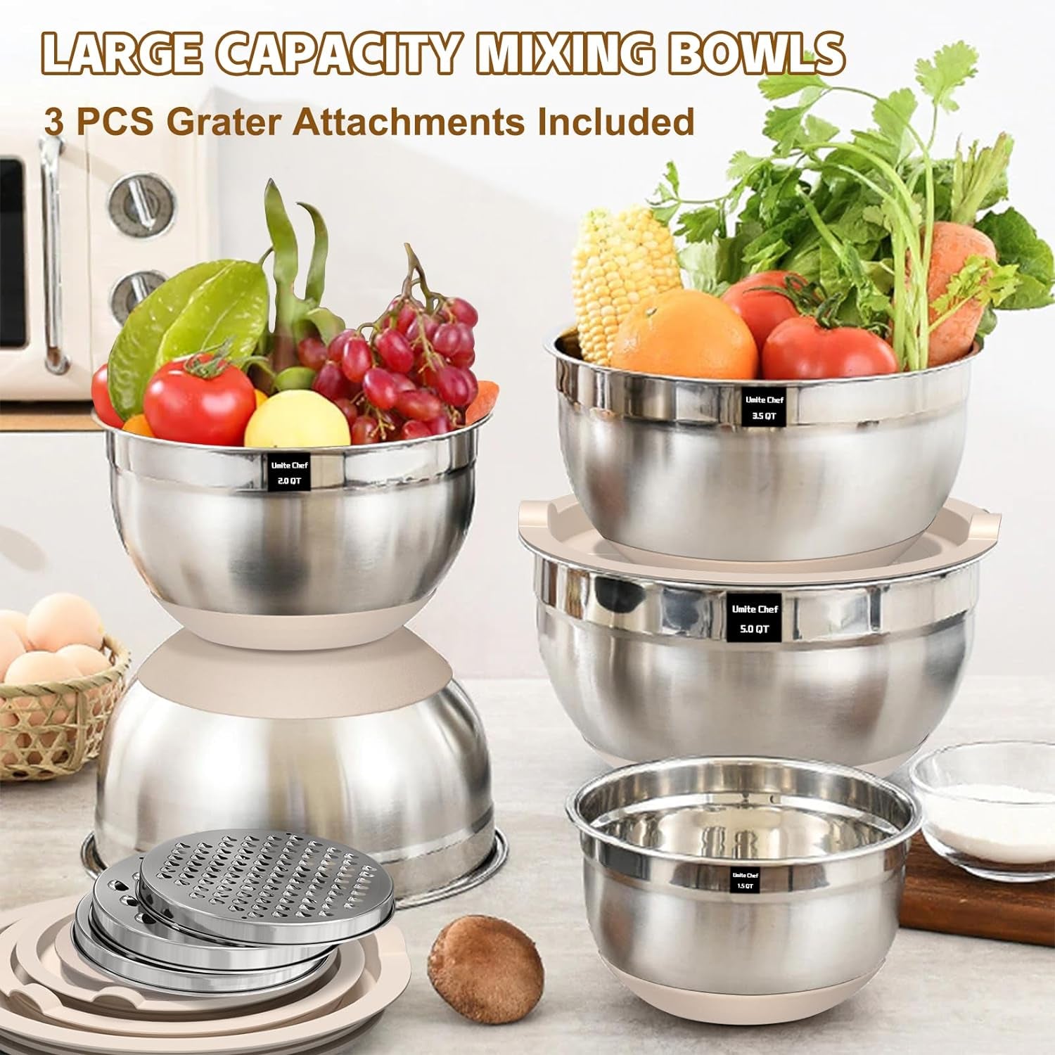 Mixing Bowls with Airtight Lids Set, 8PCS Stainless Steel Khaki Nesting Bowls with Grater Attachments, Kitchen Bowls with Non-Slip Bottoms, Size 5, 4, 3.5, 2, 1.5QT for Mixing &amp; Serving