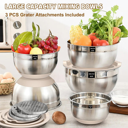 Mixing Bowls with Airtight Lids Set, 8PCS Stainless Steel Khaki Nesting Bowls with Grater Attachments, Kitchen Bowls with Non-Slip Bottoms, Size 5, 4, 3.5, 2, 1.5QT for Mixing &amp; Serving