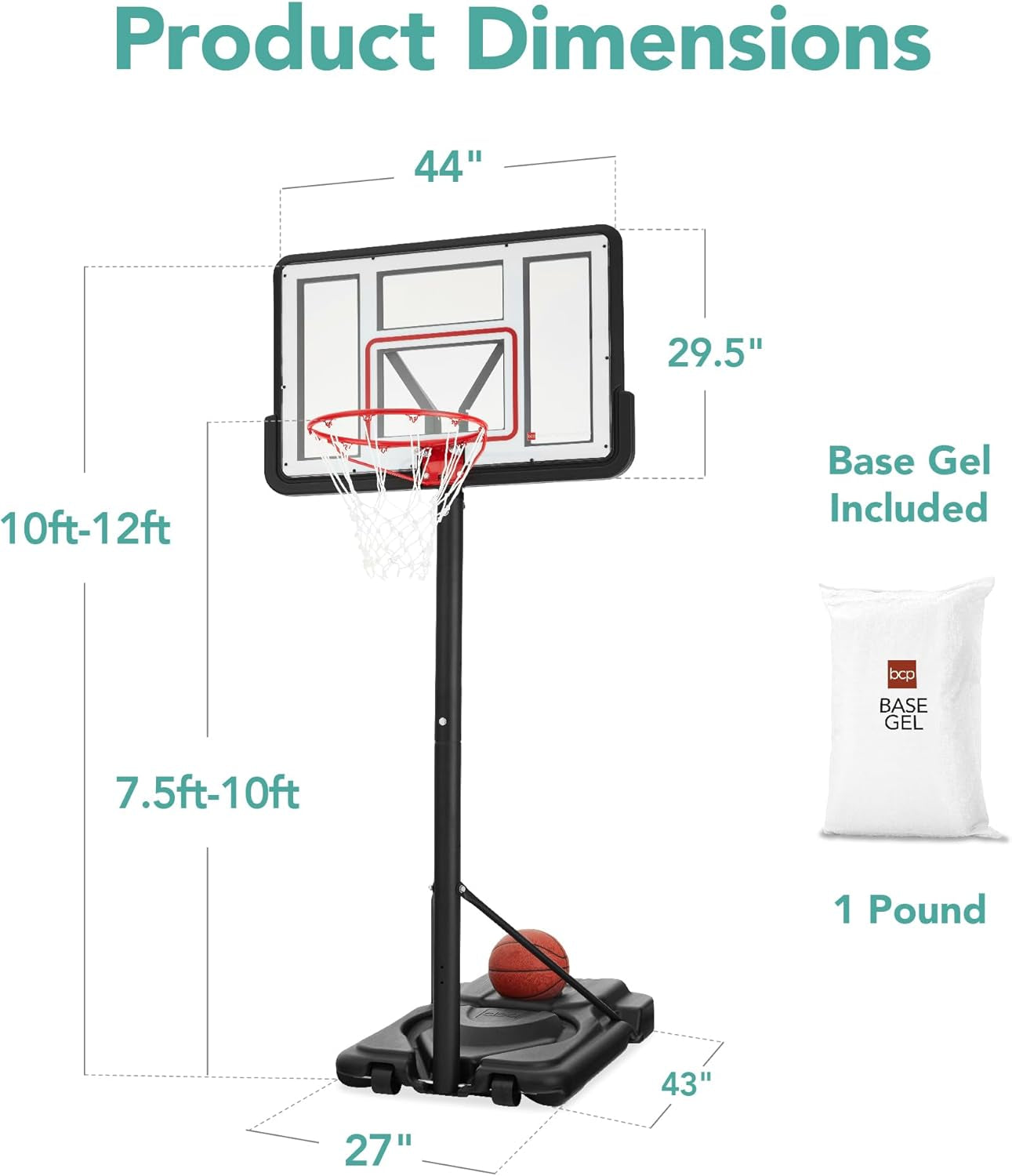 10Ft Regulation Basketball Hoop, 7.5-10Ft Height Adjustable Outdoor Goal W/Shock Absorbent Rim, Base Gel, 2 Wheels