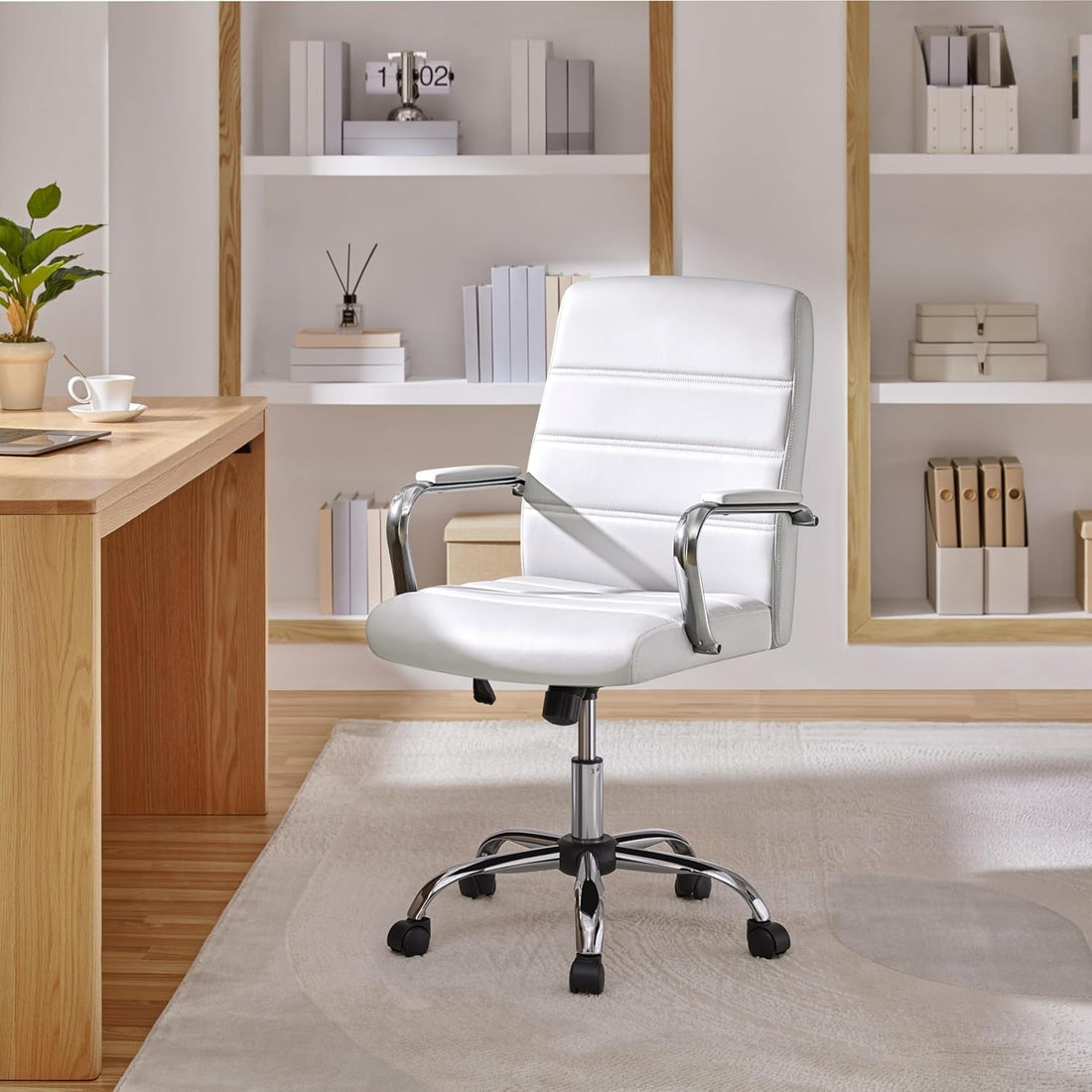 Office Desk Chair Mid-Back Leather Computer Chair Height Adjustable Ergonomic Executive Chair W/Lumbar Support Comfy Thick Padded Armrests and Seat, White