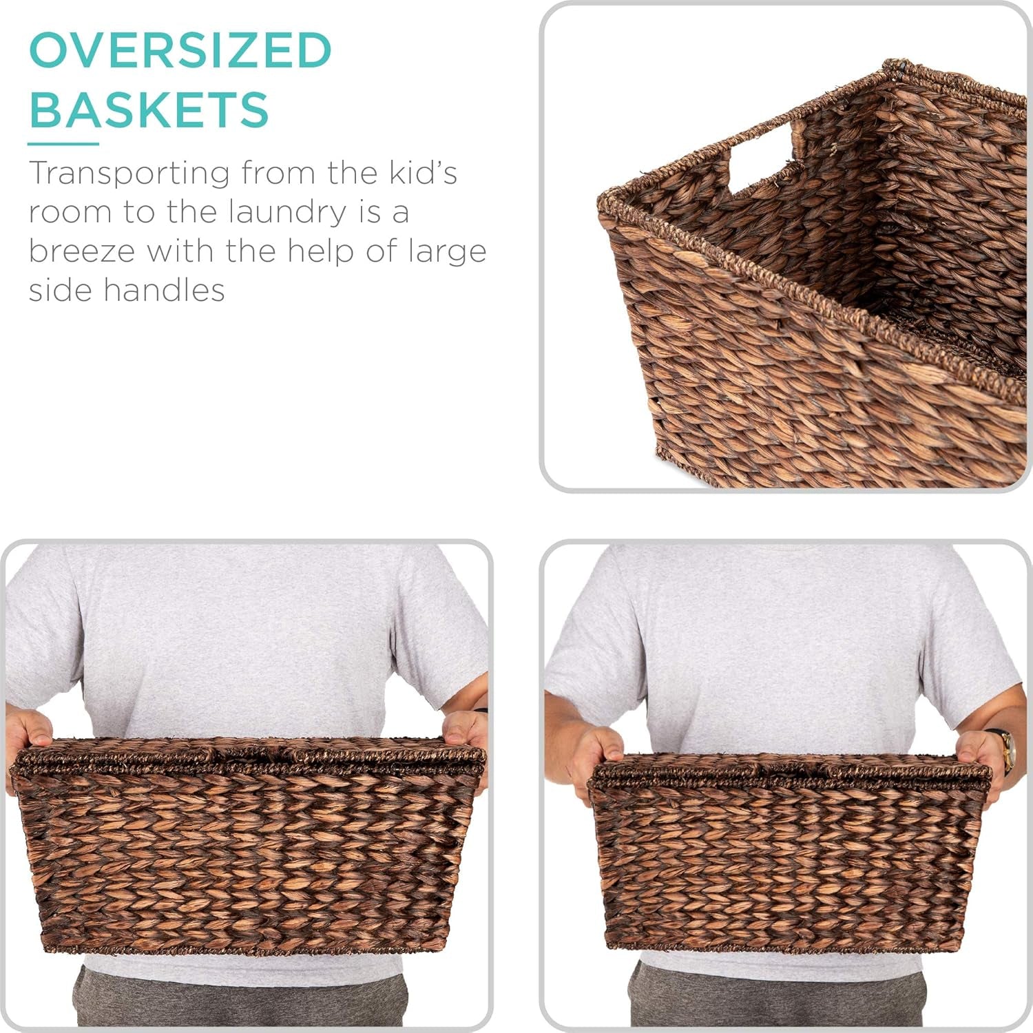 Set of 2 XL Multipurpose Classic Water Hyacinth Chests Oversized Woven Tapered Storage Basket for Organization, Laundry, Decoration W/Attached Lid, Handle Holes