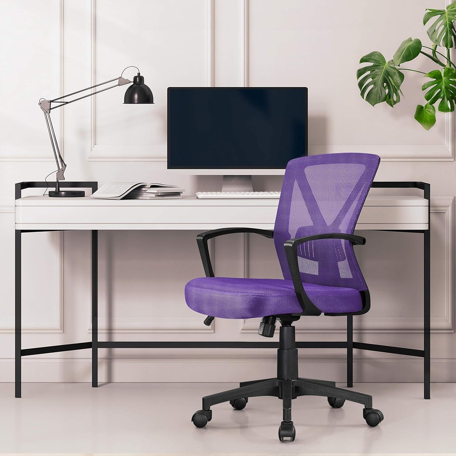 Mesh Office Desk Chairs Ergonomic Task Chairs with Adjustable Lumbar Support Mid Back Swivel Chair Purple