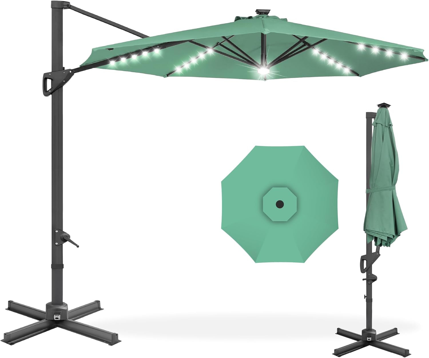 10Ft Solar LED Cantilever Patio Umbrella, 360-Degree Rotation Hanging Offset Market Outdoor Sun Shade for Backyard, Deck, Poolside W/Lights, Easy Tilt, Cross Base