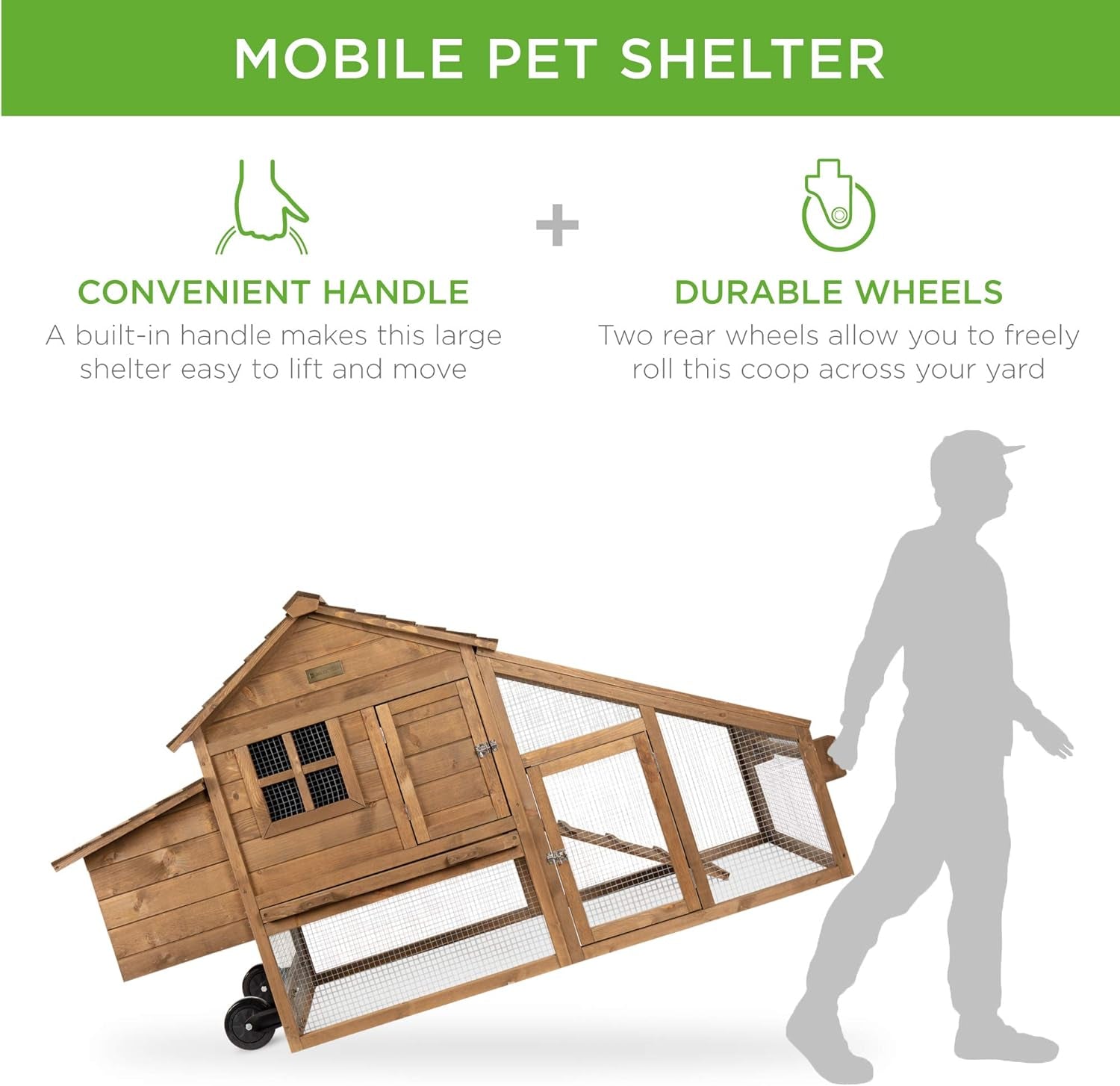 71In Mobile Fir Wood Chicken Coop Hen House Poultry Cage for 3-5 Hens, Outdoor, Animal Care W/Wheels, 2 Doors, Nest Box, Removable Tray, UV Panel