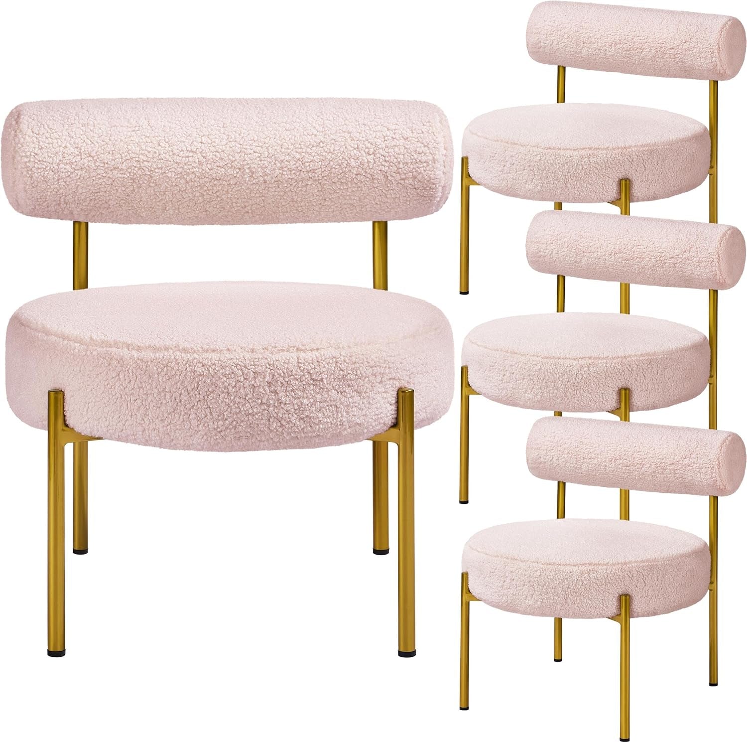 Boucle Vanity Chair, Modern Tufted Accent Chair, Cozy Sherpa Barrel Chair with Gold Legs, Club Chair for Living Room Bedroom Makeup Room Home Office, Pink