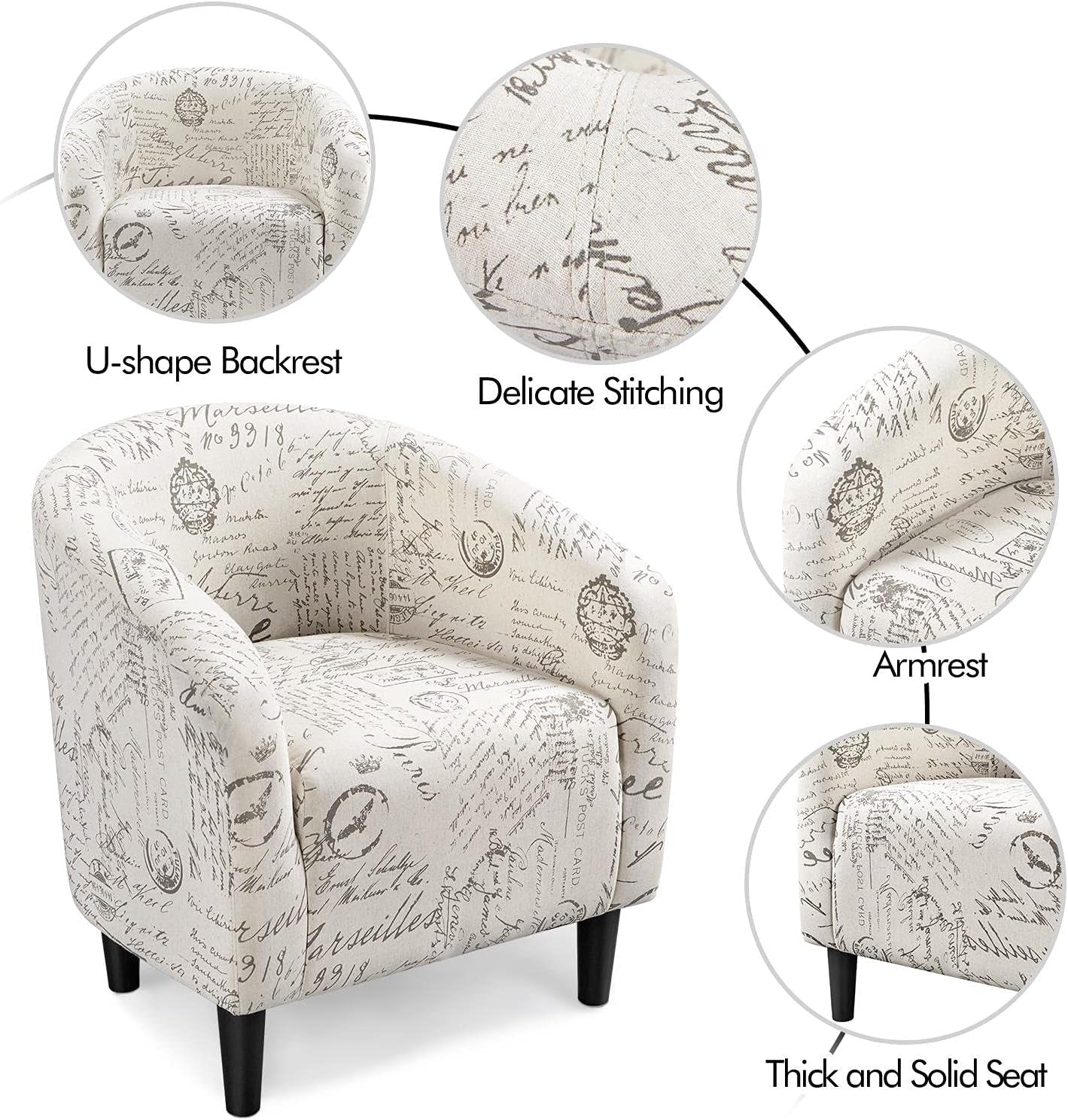 Modren Club Chair with Ottoman, Fabric Accent Armchair with Footstool, Upholstered Barrel Chair and Footrest for Living Room Bedroom Guestroom, Letter Print