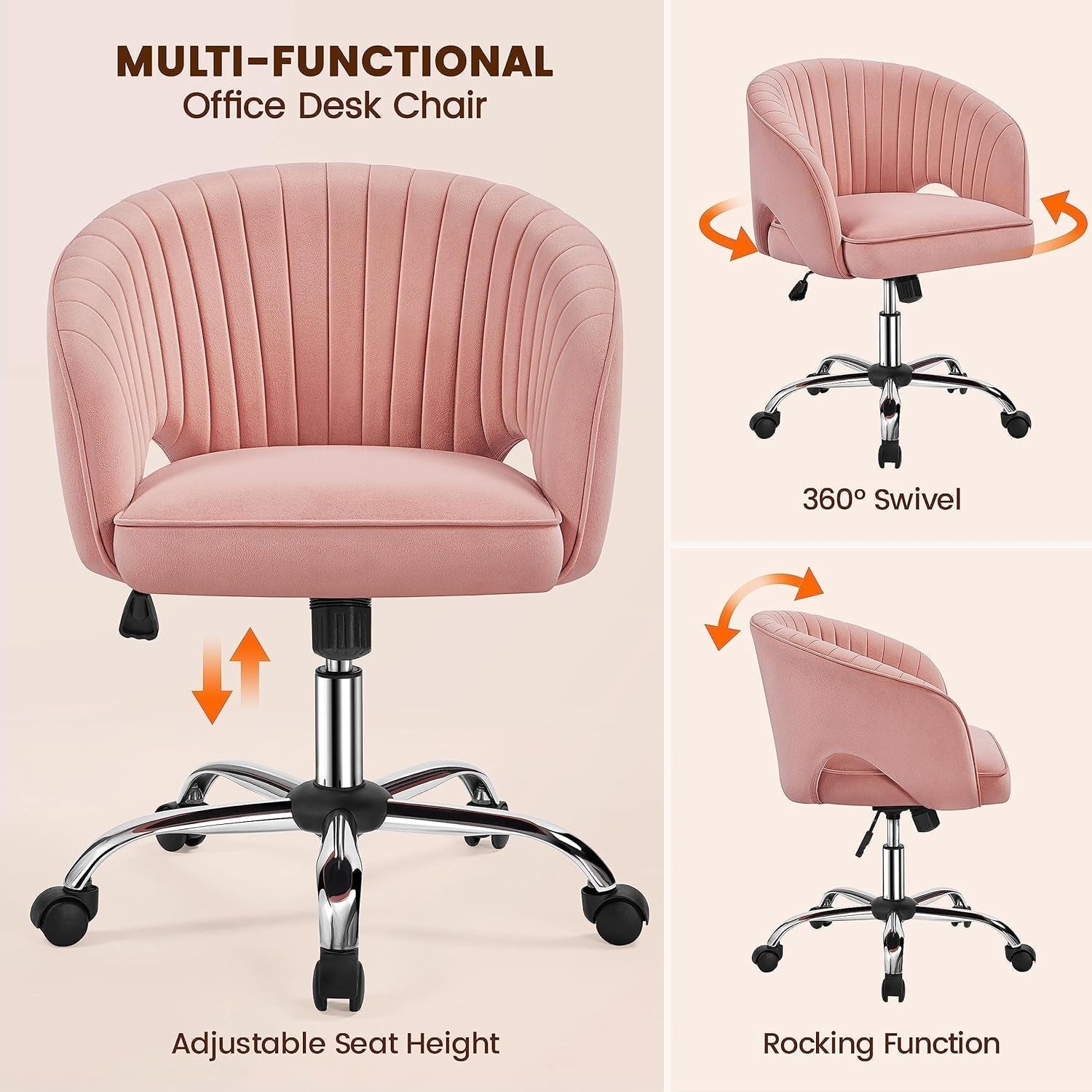 Pink Desk Chair Vanity Chair with Back Home Office Chair Cute Desk Chair Modern Swivel Rolling Chair Computer Chair for Study, Vanity, Bedroom