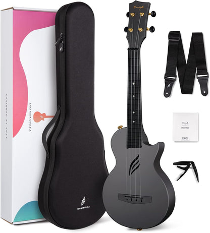 Concert Ukulele Nova U 23’’ Carbon Fiber Travel Ukulele with Beginner Kit Includes Online Lessons, Case, Strap, Capo and Strings (Black)