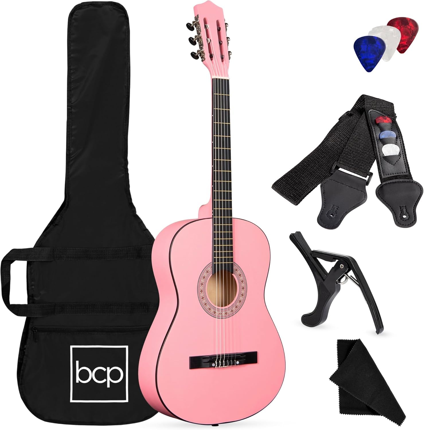 38In Beginner All Wood Acoustic Guitar Starter Kit W/Gig Bag, 6 Celluloid Picks, Nylon Strings, Capo, Cloth, Strap W/Pick Holder - Matte Black