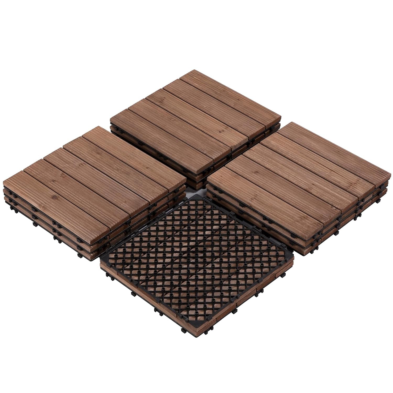 11Pcs Patio Deck Tiles 12 X 12In Interlocking Wood Floor Tiles Indoor &amp; Outdoor for Patio Garden Deck Poolside Tiles, Black