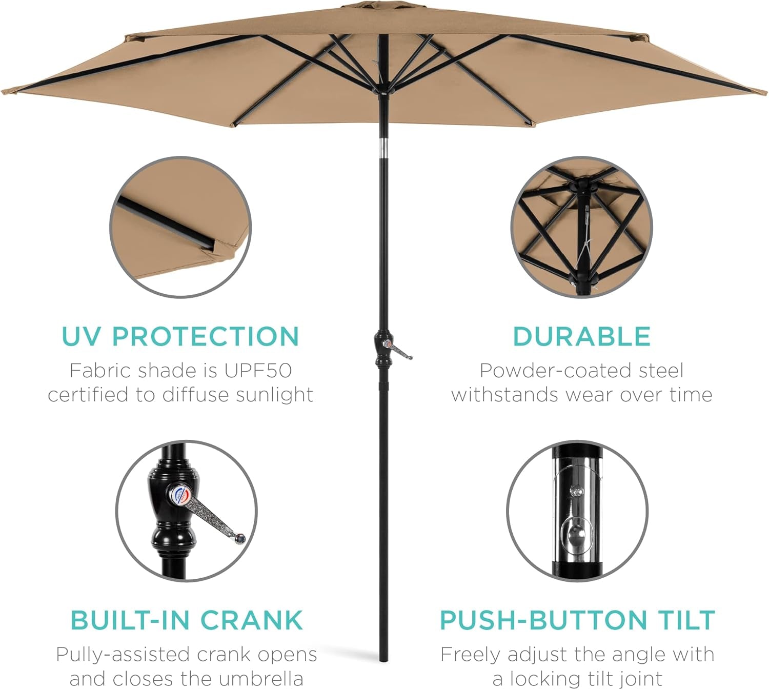 10Ft Outdoor Steel Polyester Market Patio Umbrella W/Crank, Easy Push Button, Tilt, Table Compatible - Tan