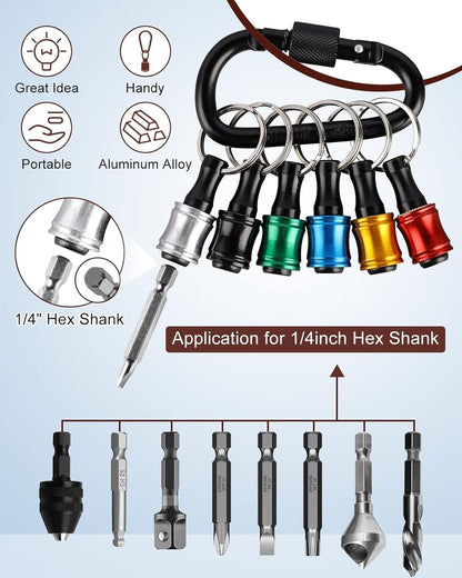 Push to Unlock, 6Pcs 1/4 Inch Hex Shank Aluminum Alloy Screwdriver Bit Holder Light-Weight Quick-Change Extension Bar Keychain Drill Screw Adapter Portable,Black Carabiner,Tool Gifts for Men