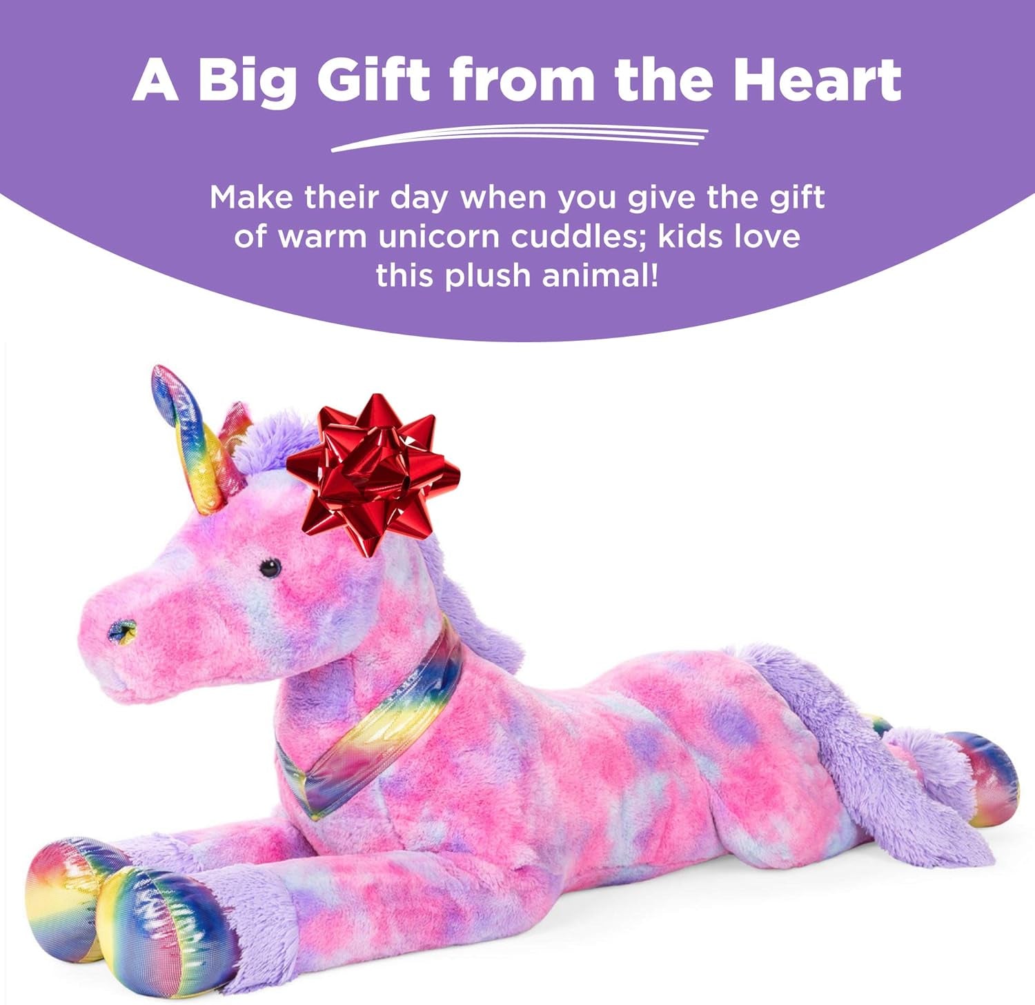 52In Kids Extra Large Plush Unicorn, Life-Size Stuffed Animal Toy W/Rainbow Details - Tie-Dye Faux Fur