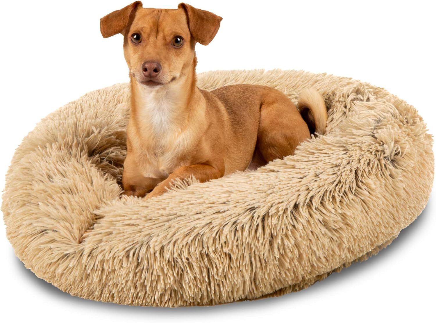 45In Dog Bed Self-Warming Plush Shag Fur Donut Calming Pet Bed Cuddler W/Water-Resistant Lining, Raised Rim - Brown