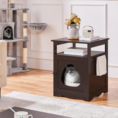 Cat Litter Box Enclosure, Hidden Litter Box Furniture with Open Shelf, Indoor Cat Washroom, Storage Cabinet Pet Crate, Side End Table, Wooden Pet House Espresso