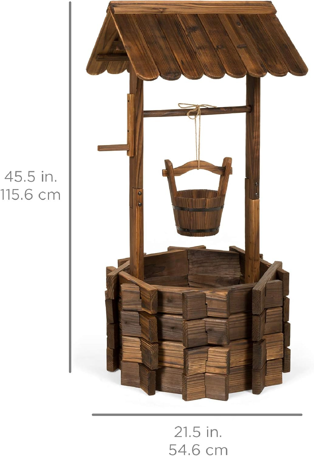 Rustic Wooden Wishing Well Planter Outdoor Home Décor for Patio, Garden, Yard W/Hanging Bucket