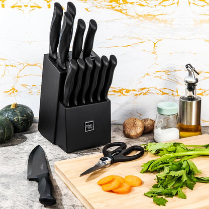 Knife Set,  15 Pcs Kitchen Knife Set with Block Self Sharpening, Dishwasher Safe, Anti-Slip Handle, Black