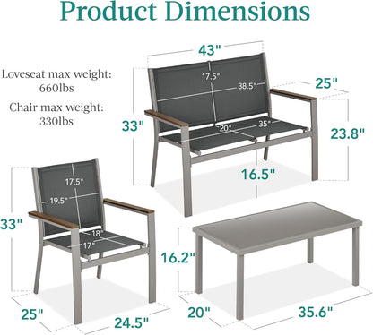 4-Piece Outdoor Textilene Patio Conversation Set, Backyard Furniture W/Loveseat, Coffee Table, Steel Frame - Taupe/Charcoal