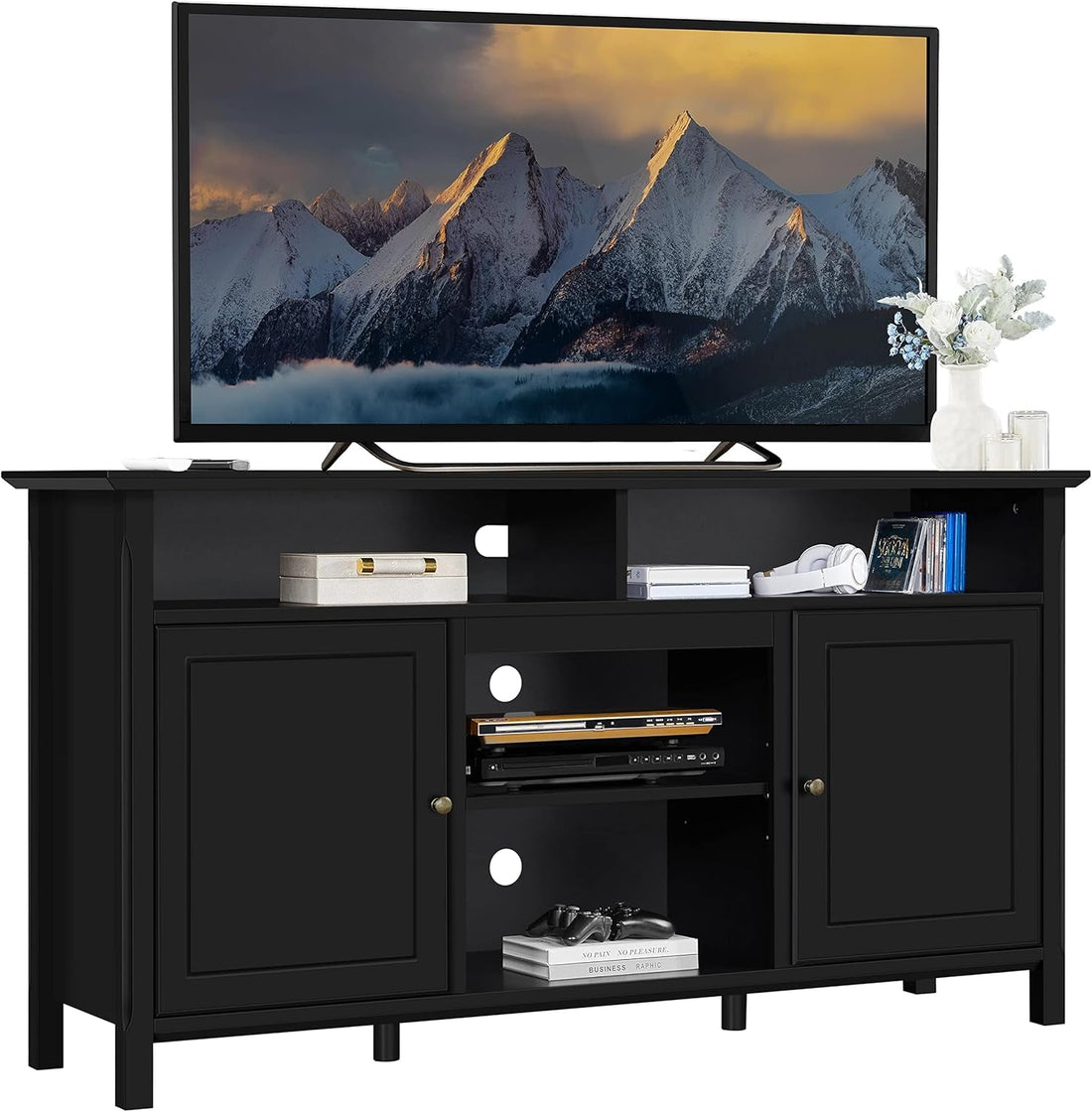 Black TV Stand for Tvs up to 65 Inch, Modern Media Entertainment Center with Double Doors, TV Cabinet TV Console with Storage for Living Room &amp; Bedroom, 31 in Tall