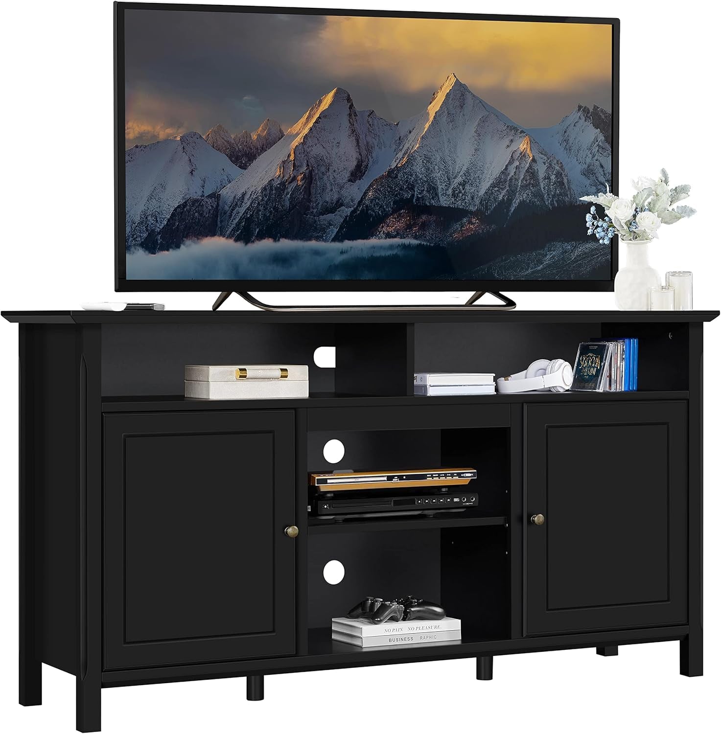 Black TV Stand for Tvs up to 65 Inch, Modern Media Entertainment Center with Double Doors, TV Cabinet TV Console with Storage for Living Room &amp; Bedroom, 31 in Tall