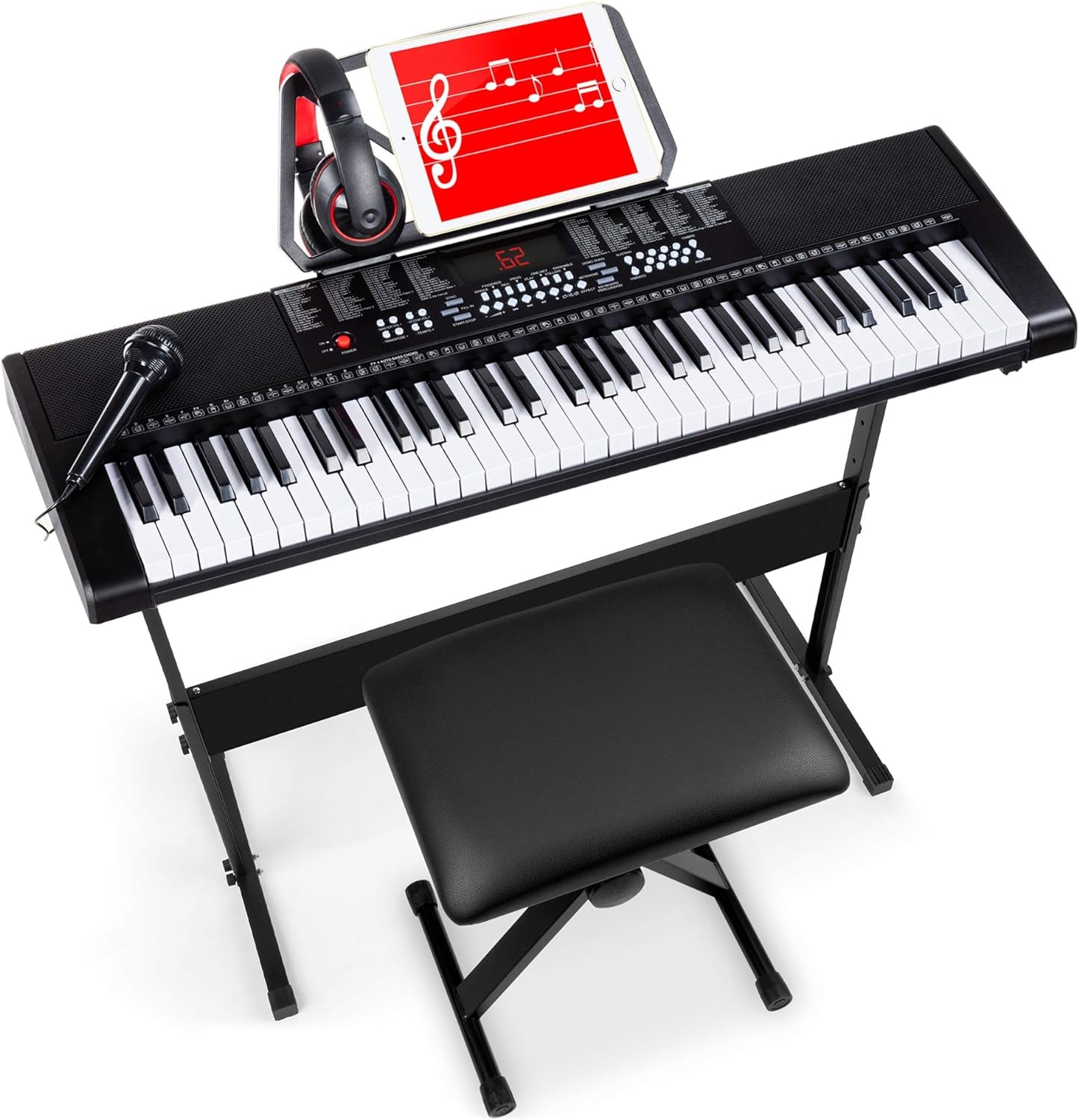 61-Key Electronic Keyboard Piano Portable Electric Keyboard Complete Beginner Set W/Led Screen, Stand, Bench, Headphones - Black