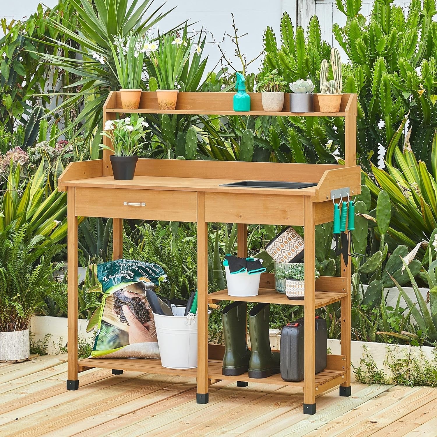 Potting Bench Outdoor Garden Work Bench Station Planting Solid Wood Construction for Horticulture W/Sink Drawer Rack Shelves Natural Wood