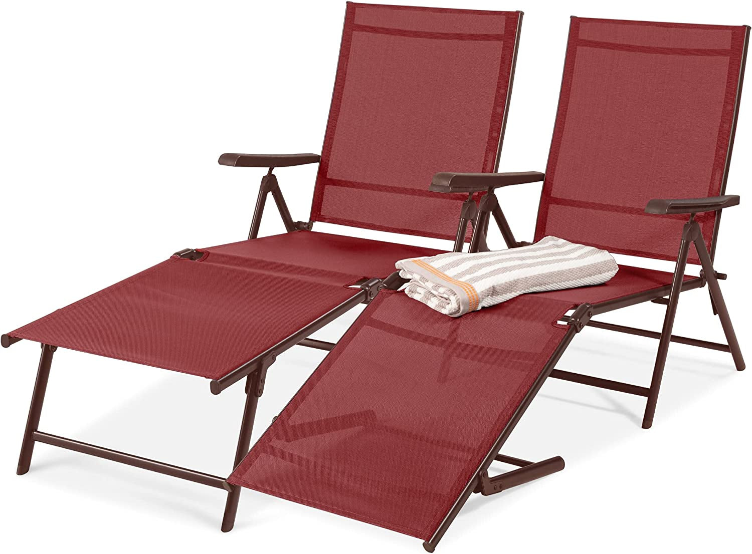 Set of 2 Outdoor Patio Chaise Lounge Chair Adjustable Reclining Folding Pool Lounger for Poolside, Deck, Backyard W/Steel Frame, 250Lb Weight Capacity - Brown