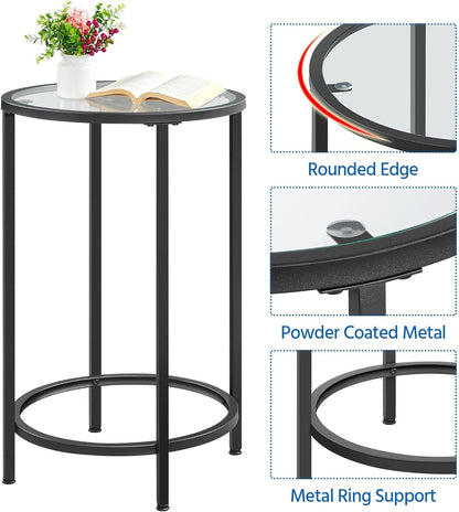 Glass End Table, round Side Table, Small Coffee Accent Table Nightstand W/Glass Top &amp; Metal Frame for Living Room/Balcony/Bedroom/Porch/Small Space, Modern Style, Black