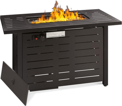 Fire Pit Table 42In 50,000 BTU Rectangular Steel Propane Gas for Outdoor, Patio W/Burner Lid, Auto Ignition, Hideaway Tank Storage, Cover, Glass Beads - Dark Brown