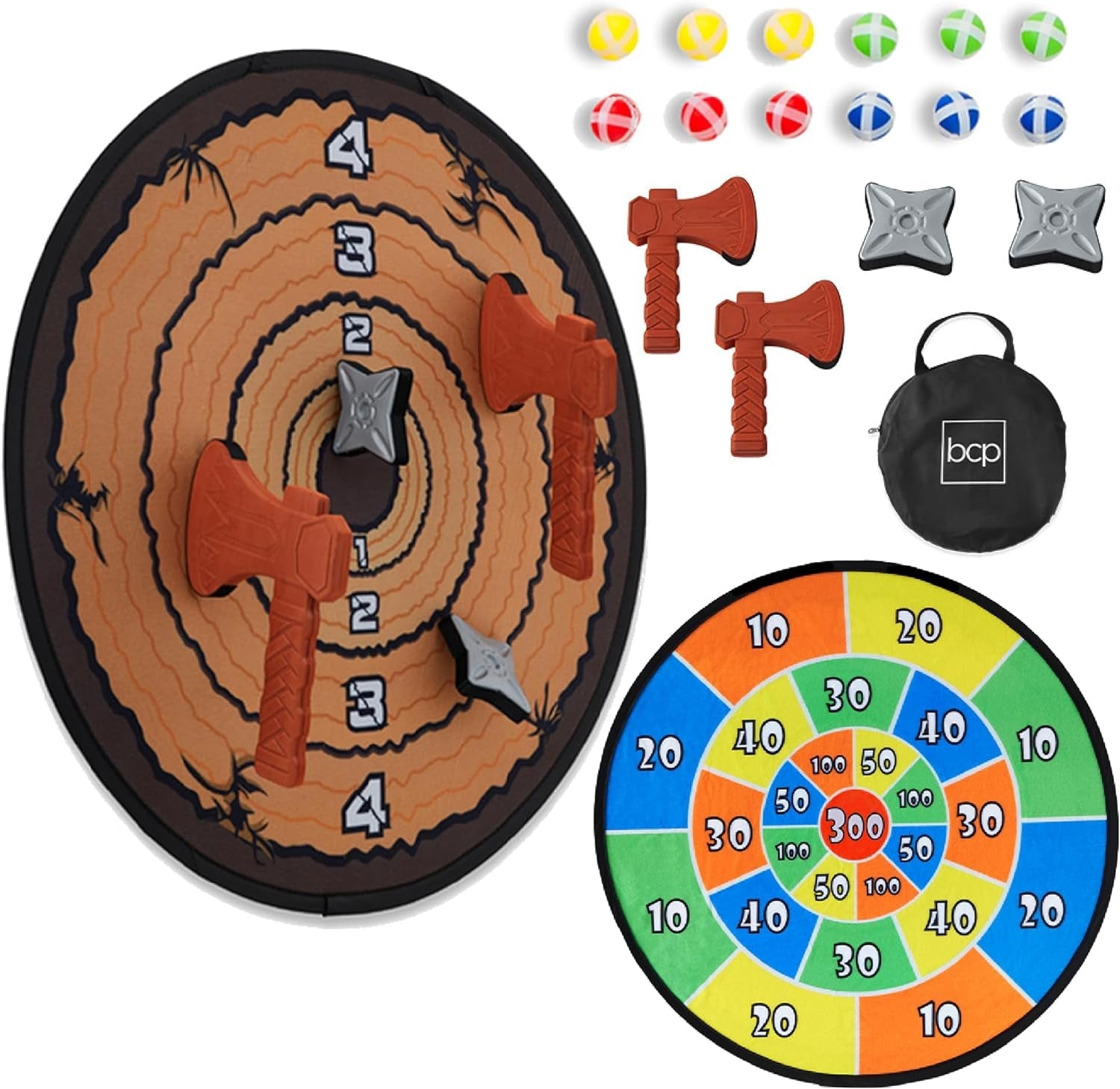 Large Double-Sided Dart Board, Indoor/Outdoor Sport Sticky Ball Foam Axe &amp; Star Throwing Party Game for Kids, Teens, Adults W/ Carrying Case