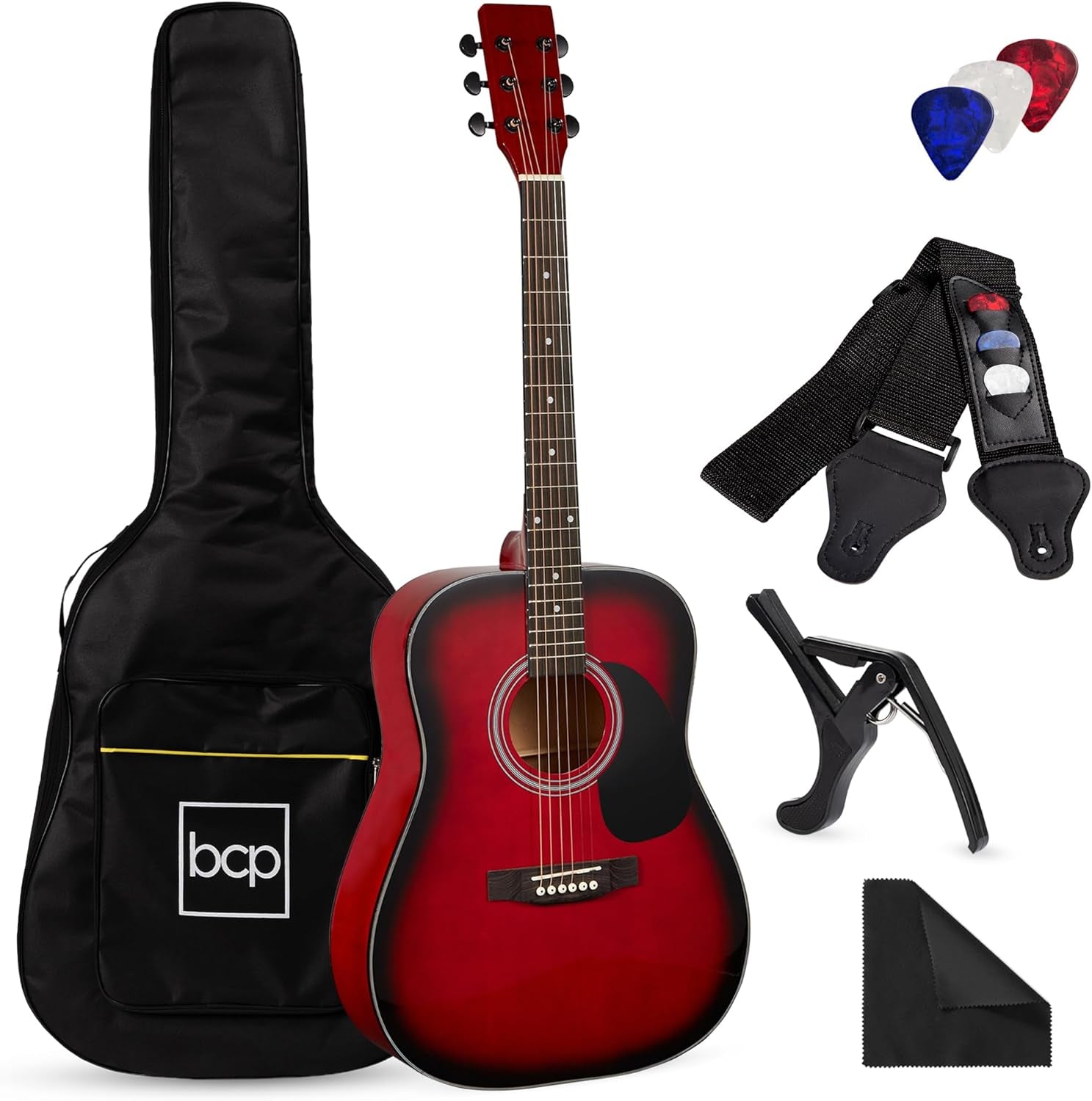 41In Full Size Beginner All Wood Acoustic Guitar Starter Set W/Case, Strap, Capo, Strings, Picks - Natural