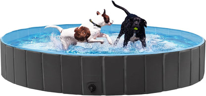 Foldable Dog Pool 63 X 12 Inches Collapsible Hard Plastic Pet Swimming Pool Portable Dog Bath Tub Puppy Cat Shower Pet Wading Pool for Outdoor/Indoor W/Pet Repair Patches, Blue