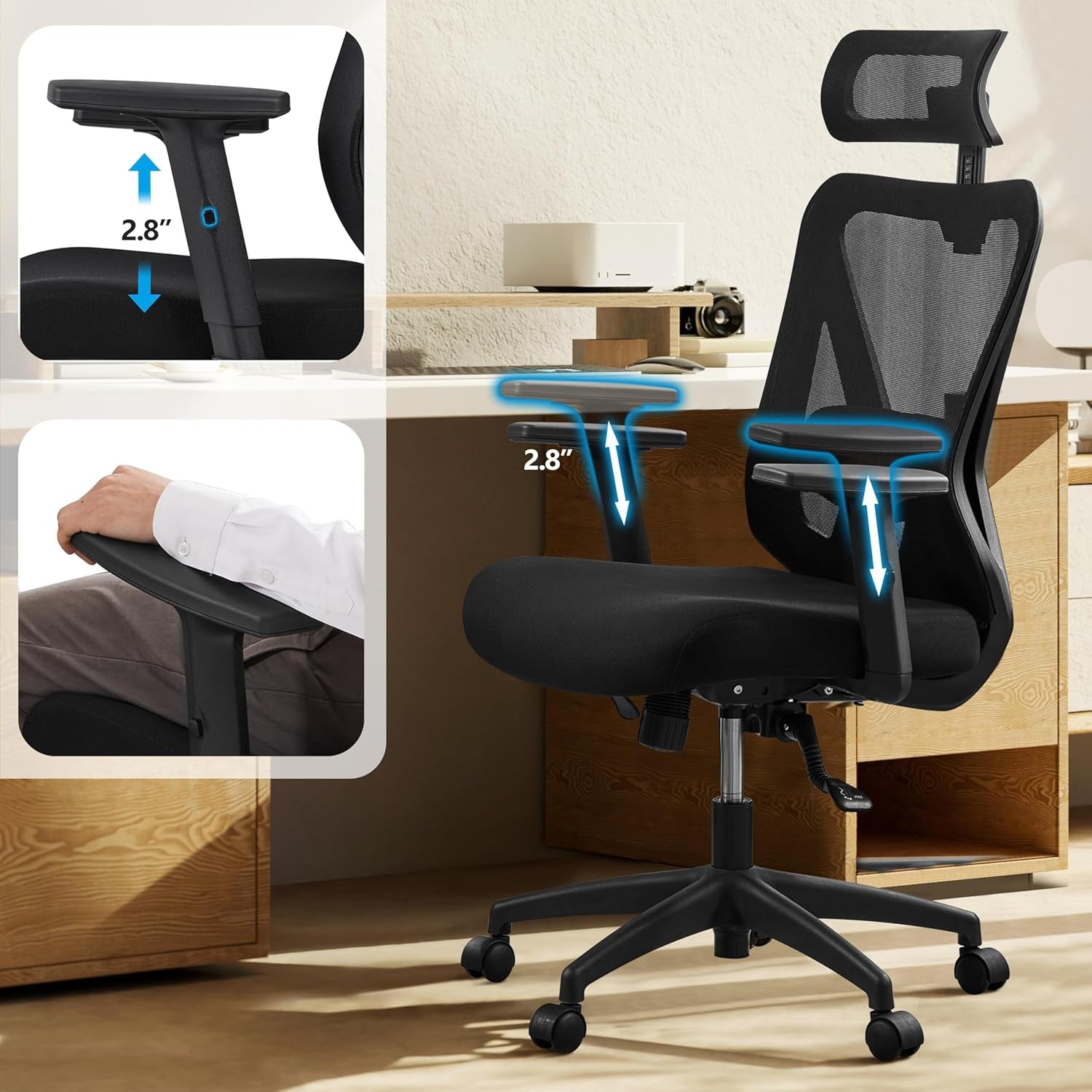 Ergonomic Office Chair Desk Chair High Back Mesh Computer Chair Study Chair with Lumbar Support Adjustable Armrest, Backrest and Headrest for Home Office Working Black