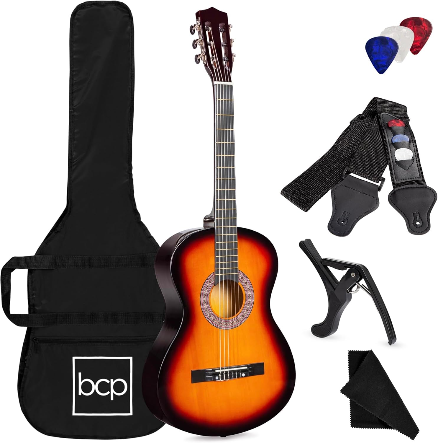 38In Beginner All Wood Acoustic Guitar Starter Kit W/Gig Bag, 6 Celluloid Picks, Nylon Strings, Capo, Cloth, Strap W/Pick Holder - Matte Black