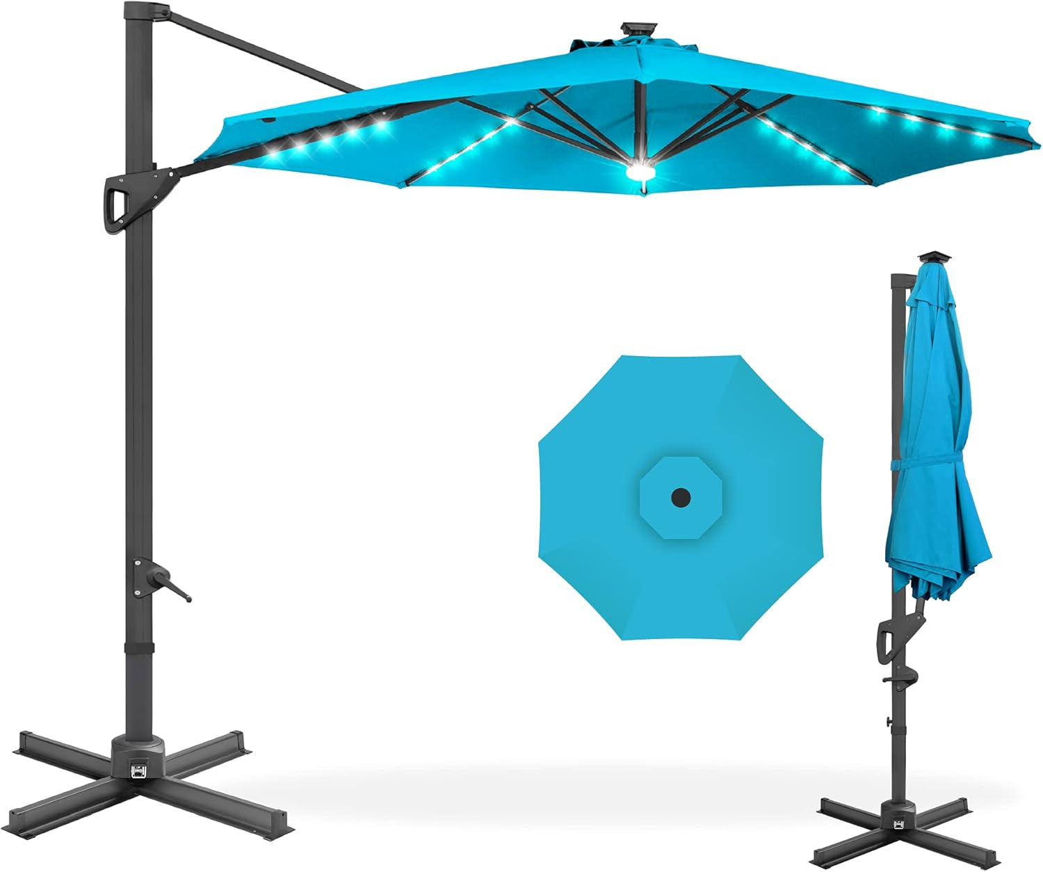 10Ft Solar LED Cantilever Patio Umbrella, 360-Degree Rotation Hanging Offset Market Outdoor Sun Shade for Backyard, Deck, Poolside W/Lights, Easy Tilt, Cross Base