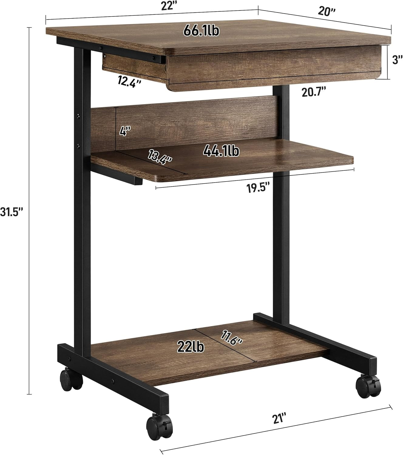 Small Rolling Computer Desk with Storage Drawer, Rolling Home Office Computer Desk with Keyboard Tray, Laptop Desk with Wheels and Drawer, Taupe Wood