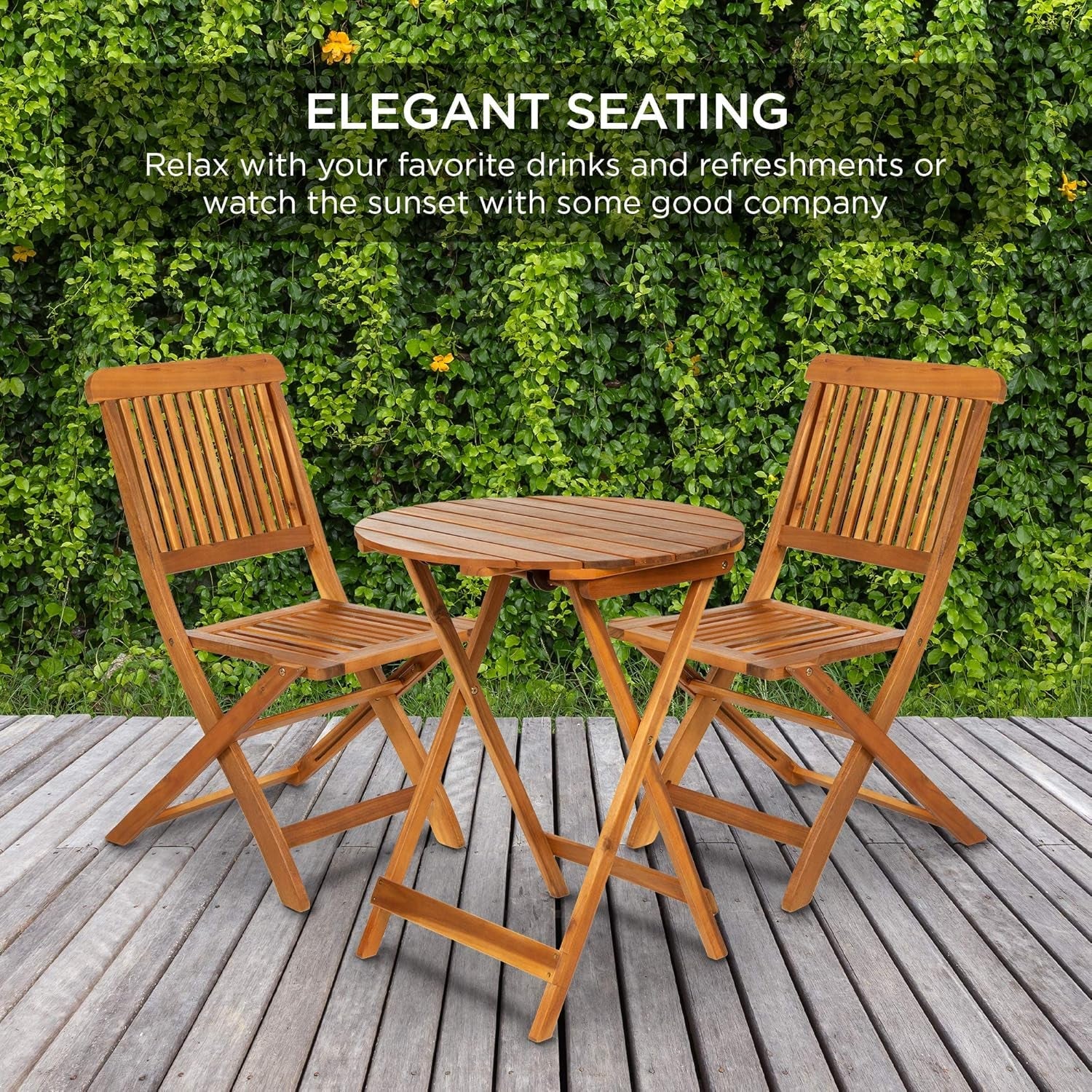 3-Piece Acacia Wood Bistro Set, Folding Patio Furniture for Backyard, Balcony, Deck W/ 2 Chairs, round Coffee Table, Teak Finish - Natural