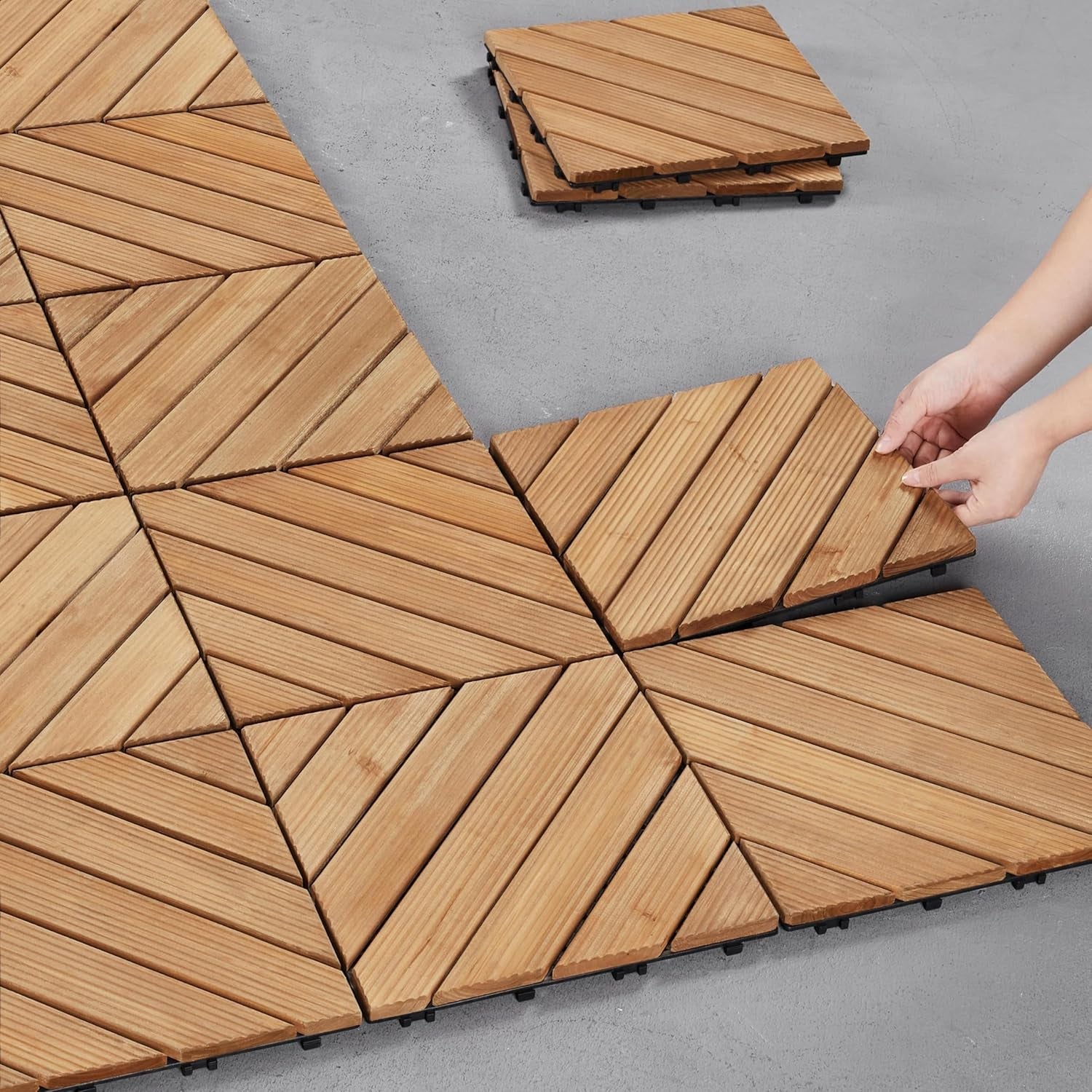 27PCS Wooden Flooring Patio Deck Tiles Interlocking Tiles Patio Solid Wood and Plastic Indoor&amp;Outdoor 12 X 12In, Natural Wood-Diagonal