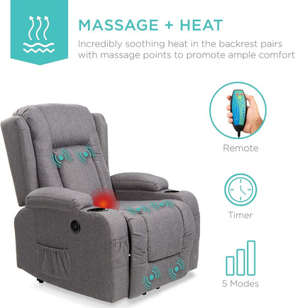 Modern Linen Electric Power Lift Chair, Recliner Massage Chair, Adjustable Furniture for Back, Legs W/ 3 Positions, USB Port, Heat, Cupholders, Easy-To-Reach Button - Gray