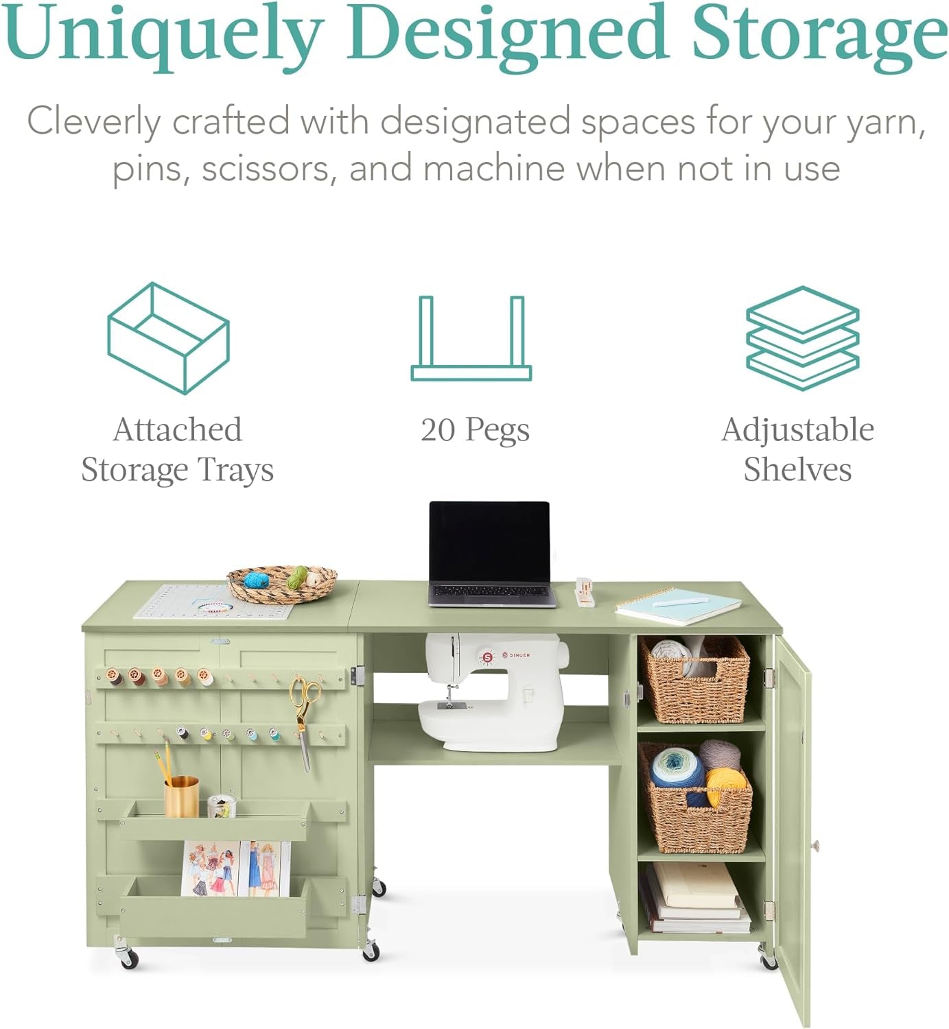 Large Folding Sewing Table, Multipurpose Portable Craft Station &amp; Side Desk W/Compact Design, Caster Wheels, Storage Shelves, 2 Storage Trays, Magnetic Doors - Light Green