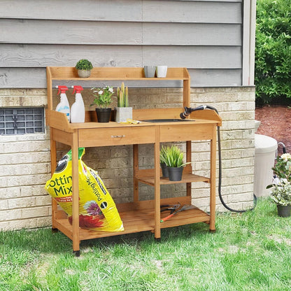 Potting Bench Outdoor Garden Work Bench Station Planting Solid Wood Construction for Horticulture W/Sink Drawer Rack Shelves Natural Wood