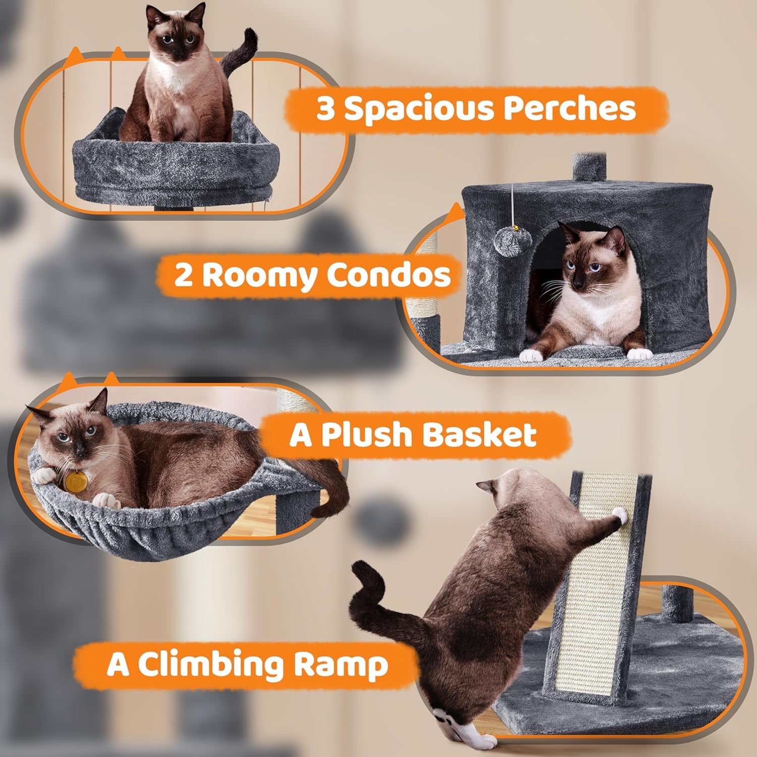 68.5In Multi-Level Large Cat Condo with Sisal-Covered Platforms Scratching Board &amp; Scratching Posts, Cozy Perches, Stable Cat Tower/Tree Pet Play House, Dark Gray