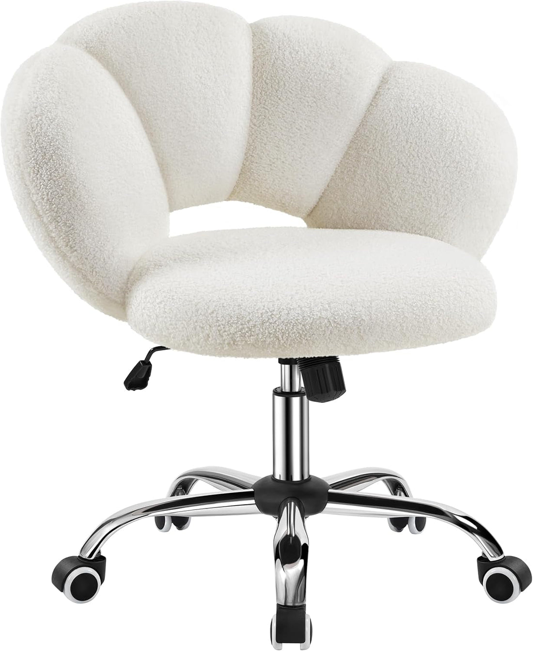 Boucle Upholstered Desk Chair Cloud-Shaped Vanity Chair Adjustable Home Office Chair Computer Chair with Rolling Wheels for Living Room, Bedroom White