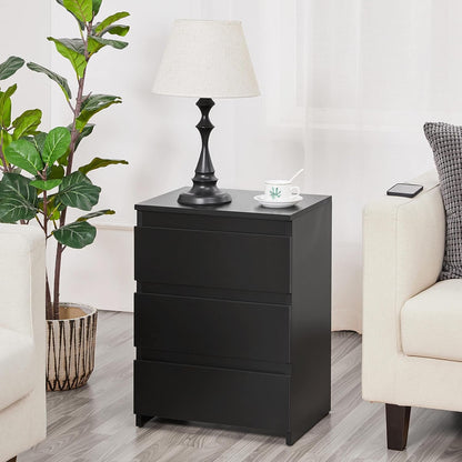 Nightstand with Drawer, 3 Drawers Bedside Table with Sturdy Base, Wood Bedside Cupboard Accent Table with Storage Space for Bedroom, Easy Assembly, Black