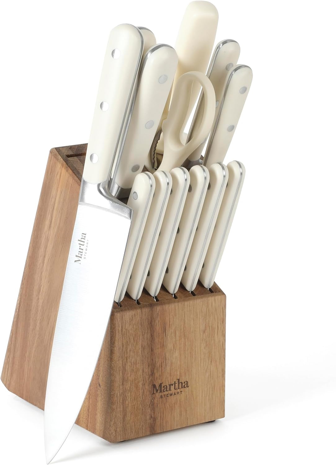 Eastwalk 14 Piece High Carbon Stainless Steel Cutlery Kitchen Knife Block Set W/Abs Triple Riveted Forged Handle Acacia Wood Block - Linen White