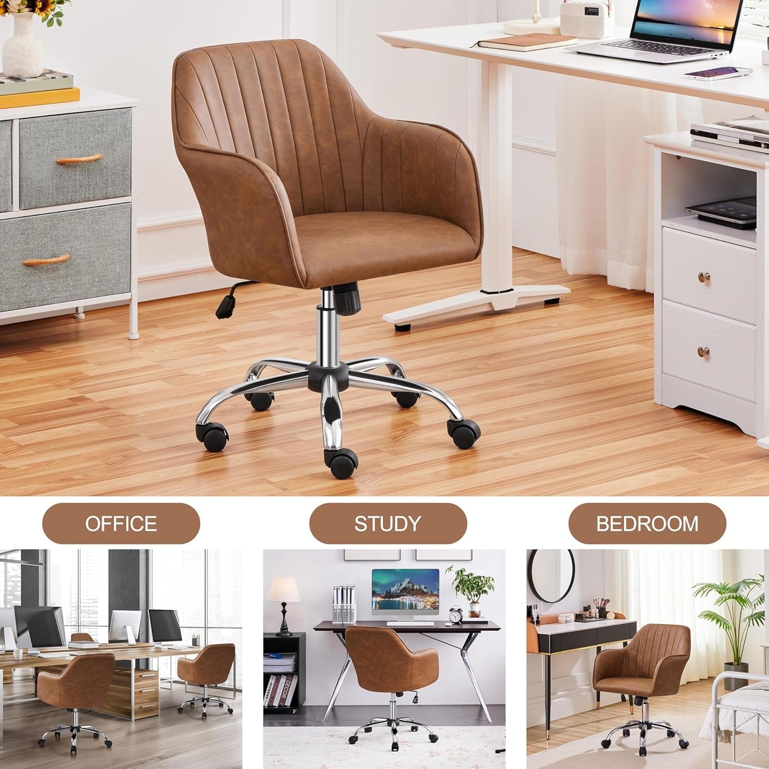 Modern Faux Leather Desk Chair Height Adjustable Task Chair Swivel Office Chair Makeup Chair Computer Chair Mid Back Chair Living Room Chairs with Arms Retro Brown